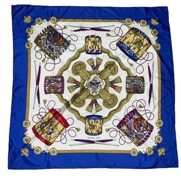 Hermès Les Tambours 100% Silk Scarf. Blue - Picture 1 of 13
